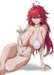 ahoge areola_slip bikini breasts collarbone crossed_bangs curvy double-parted_bangs eyelashes feet_out_of_frame female goddess_of_victory:_nikke hair_between_eyes hair_intakes hand_on_ground highres huge_breasts kkoyomii linea_alba lips long_bangs long_hair looking_at_viewer messy_hair navel nihilister_(nikke) red_eyes red_hair shadow simple_background sitting smile strap_pull swimsuit teeth thighs white_background white_bikini