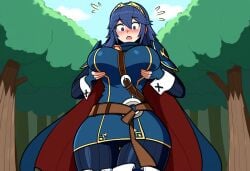 1girls ai_generated blush fire_emblem fire_emblem_awakening grabbing_own_breast large_breasts lucina_(fire_emblem) novelai solo_female surprised thick_thighs thigh_gap wide_hips