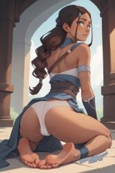 ai_generated avatar_the_last_airbender back_view barefoot cameltoe creamybiscuit katara kneeling looking_over_shoulder panties white_panties