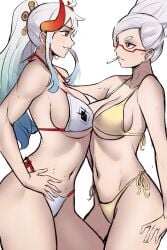 2d 2d_(artwork) 2girls anime ayase_seiko big_booty big_breasts bikini breasts breasts cigarette crossover dandadan foonie light-skinned_female light_skin looking_at_another manga older_female one_piece smile smiling white_hair white_hair_female yamato_(one_piece) younger_female