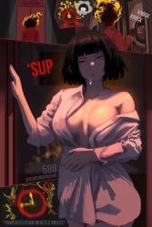 bob_cut cigarette dudeunderscore limbus_company medium_breasts red_eyes ryoshu_(limbus_company) short_hair sleep_wear