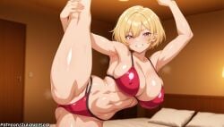 ai_generated armpits bea_(pokemon) bed bikini blonde_hair blush breasts cleavage collarbone covered_nipples female grin indoors large_breasts looking_at_viewer meitabuu navel pillow pokemon pokemon_(game) pokemon_bw pokemon_dppt pokemon_rgby pokemon_rse pokemon_sm pokemon_ss pokemon_xy red_bikini short_hair smile solo split standing standing_on_one_leg sweat swimsuit thighs