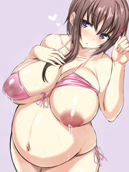 alternate_version_available bikini bikini_pull blush breasts brown_hair collarbone dark_nipples female hagino_chiaki heart-shaped_pupils hinako_note huge_belly huge_breasts lactation lactation_through_clothes linea_nigra looking_at_viewer nipples one_breast_out pink_bikini ponchi_(menchi0925) pregnant purple_eyes ready_to_pop side-tie_bikini solo sweat swimsuit swimwear symbol-shaped_pupils