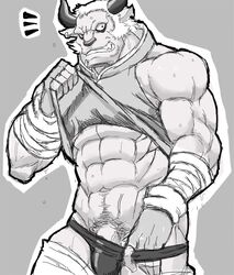 abs akuann anthro bovine cattle clothed clothing grey_background looking_at_viewer male male_only mammal monochrome muscular pecs penis simple_background solo tales_of_(series) tales_of_rebirth tohma underwear undressing video_games