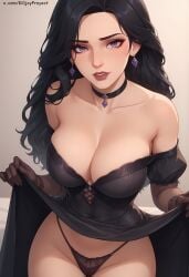 ai_generated black_dress black_hair breasts collar dress_up earrings female killjoyproject light-skinned_female looking_at_viewer purple_eyes solo the_witcher_(series) the_witcher_3:_wild_hunt thong yennefer