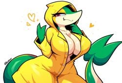 ai_generated anthro big_breasts breasts cleavage clothed clothing eyelashes female generation_5_pokemon heart hellsonger hi_res looking_at_viewer nintendo non-mammal_breasts pokemon pokemon_(species) red_eyes reptile scalie simple_background smile snivy solo thick_thighs white_background wide_hips yellow_body