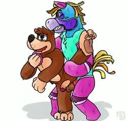 2016 3_toes 4_fingers anal anal_sex animate_inanimate anthro balls banjo-kazooie banjo_(banjo-kazooie) bear beige_penis belly big_nose biped black_claws black_nose blonde_hair blue_eyes blue_fur blush bowserboy101 brown_balls brown_fur brown_pawpads chest_tuft claws clenched_teeth closed_eyes crossover duo equine featureless_limbs feet fluffy freckles from_behind_position front_view full-length_portrait fur gloves_(marking) green_fur hair half-erect hand_on_chest hand_on_hand hand_on_thigh head_tuft horse horstachio hudson_horstachio humanoid_feet humanoid_hands humanoid_penis interspecies leaning leaning_forward leg_tuft looking_pleasured looking_up male male_only male_penetrating mammal mane markings mask_(marking) nude on_one_leg partially_retracted_foreskin pawpads penetration penis piñata pink_fur pink_stripes plantigrade portrait purple_fur purple_stripes raised_eyebrow raised_leg raised_tail red_penis sex simple_background smile socks_(marking) standing stripes tan_fur teeth toes torogao tuft uncut video_games viva_pinata watermark white_background white_stripes yaoi yellow_fur yellow_mane yellow_tail