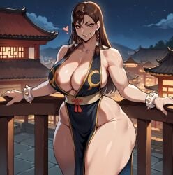 ai_generated chun-li chun-li_(battle_ouffit_sfv) evil_grin heart-shaped_pupils large_areolae looking_at_viewer massive_breasts smogai