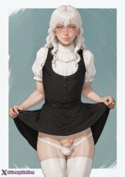 1boy ai_generated balls berserk black_dress dress dress_lift erect_penis femboy flat_chest foreskin girly griffith groupstation hi_res long_hair male pale_skin panties_down penis presenting presenting_penis shy simple_background small_penis solo solo_male standing stockings white_hair white_legwear white_stockings