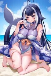 2024 2d_(artwork) ahoge bangs bare_shoulders barefoot beach big_breasts black_hair blue_hair blue_sky blue_swimsuit blush body_markings breasts closed_mouth cloud day eyebrows_visible_through_hair face_markings feet female full_body heart_ahoge indie_virtual_youtuber large_breasts long_hair looking_at_viewer markings multicolored_hair ocean outdoors purple_eyes sand shylily sitting sky smile solo streaked_hair thick_eyebrows two-tone_hair very_long_hair virtual_youtuber vtuber water yuniiho