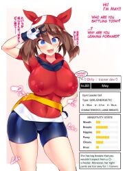 bike_shorts blue_eyes brown_hair busty english_text hisui_(stapspats) huge_breasts japanese_text may_(pokemon) nipples_visible_through_clothing pokemon spats stapspats translated v_sign