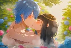 ai_generated bangs beautiful_background beautiful_females blue_flower blue_hair blush countryside crossover crossover_kiss crossover_pairing fairy_tail female female_ninja forest hot_spring hug hyuuga_hinata iris jellal_fernandes kissing kunoichi leaves mage magic making_love male naruto naruto_shippuden nature_background netorare novelai nude onsen partially_submerged passionate_kiss pink_flower romantic romantic_ambiance rose_(flower) tree upper_body wizard