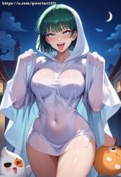 ahe_gao ahe_gao ai_generated alley bag blush bob collarbone cosplay curvy drool drooling eyeshadow female fit fit_female fubuki_(one-punch_man) ghost green_eyes green_hair halloween halloween_costume highres lamp large_breasts narrow_waist navel night nipples one-punch_man open_mouth outdoors pink_eyeshadow pumpkin qwertart rolling_eyes saliva slim slim_waist solo tagme teeth tight_clothing tongue_out wide_hips