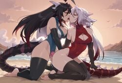 ai_generated beach godzilla godzilla_(series) kaiju_girls_(webcomic) making_out silver_soul strap-on yuri