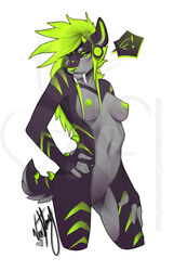 ! anthro breasts distracting_watermark ear_piercing feline female green_eyes green_hair green_nipples green_nose green_pussy hair hi_res mammal nipples nude piercing pinup pose pussy saber-toothed_cat simple_background solo standing vexstacy watermark white_background