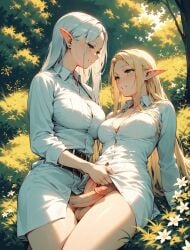 2girls ai_generated breasts elf frottage futa_with_female futanari penis