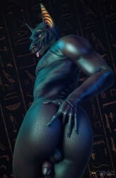 3d anal anal_fingering anthro anubian_jackal anubis ass backsack balls biceps black_skin canine deity erection fingering fingernails hi_res humanoid_penis jackal killystein legs_together looking_at_viewer looking_back low-angle_view male male_only mammal muscular nipples nude penis penis_tuck precum presenting presenting_hindquarters r-a-s-p_(artist) rear_view solo tongue tongue_out