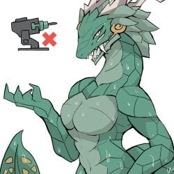 1:1 4_eyes anthro aquatic_dragon big_breasts breasts dragon eyelashes fangs featureless_breasts female green_body green_scales grey_horn horn liqueurmask long_neck looking_at_viewer marine multi_eye mythological_creature mythological_scalie mythology navel nine_sols open_mouth pupils red_candle_games scales scalie sharp_teeth simple_background slit_pupils solo teeth wet white_background white_eyes wide_hips