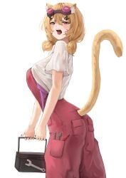 animal_ears ass bag bangs blonde_hair blush breasts cat_ears cat_girl cat_tail diagonal_stripes eyebrows_visible_through_hair eyewear_on_head fangs female from_side hair_between_eyes hair_ornament holding holding_bag large_breasts long_hair looking_at_viewer low_twintails older open_mouth pink_eyes red_eyes shirt short_sleeves solo squchan_(vtuber) striped striped_background striped_shirt tail tail_raised teeth tongue twintails vertical_stripes vyugen white_shirt