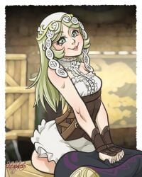 bare_ass blonde_hair corset female female_only fire_emblem_awakening frills hair_down headband headwear leather legendsnjk lissa_(fire_emblem) looking_at_viewer muscles skirt small_breasts smile solo sticking_out_tongue