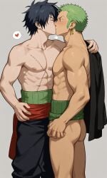 2boys ai_generated artist_request clothing crossover fairy_tail gay gray_fullbuster homosexual kissing male male_only one one_piece roronoa_zoro standing