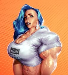 1girls 2d 2d_(artwork) 2d_artwork abs absurd_res artist_logo biceps big big_ass big_biceps big_breasts big_butt big_muscles blue_hair breasts digital_art digital_media digital_media_(artwork) female hyper_muscles muscle_growth muscles muscular muscular_arms muscular_female muscular_legs muscular_thighs study thighs tight_clothing veins veiny_muscles what_a_mass!