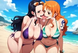 2girls ai_generated beach bent_over big_ass big_breasts big_butt bikini blush blushing_female blushing_profusely breasts_to_breasts breasts_touching breath bubble_ass bubble_butt cleavage clothing deep_cleavage dripping female female_only huge_ass huge_breasts kissing large_breasts massive_breasts nami nami_(one_piece) narrow_waist nico_robin one_piece open_mouth saliva saliva_drip saliva_trail self_upload sweatdrop sweating sweaty sweaty_body sweaty_breasts sweaty_butt thick_nipples thick_thighs tongue tongue_kiss tongue_to_tongue tongues_touching wide_hips yeetyboi5000 yuri