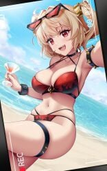 1girl beach best_girl big_breasts biker_girl bikini blonde_hair bracelet breasts burnice_white choker cleavage female female_only flame_print hair_ornament large_breasts mihoyo navel outdoors pale-skinned_female pale_skin platinum_blonde_hair recording recording_on_phone red_bikini red_eyes red_nails rimuu studded_bracelet sunglasses sunglasses_on_head thick_thighs thigh_strap twintails zenless_zone_zero