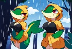 absurd_res ai_generated anthro big_breasts breasts cleavage clothed clothing cute_fangs duo female generation_5_pokemon green_body hellsonger hi_res hood nintendo non-mammal_breasts outside plant pokemon pokemon_(species) raining red_eyes reptile scalie shirt smile snaggle_tooth snivy solo topwear tree water wet