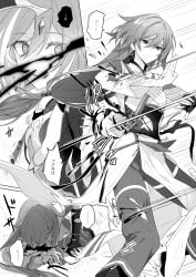 2girls ? blood chinese_clothes closed_mouth fu_hua fu_hua_(azure_empyrea) fu_hua_(herrscher_of_sentience) fu_hua_(taixuan_impression) greyscale hanfu highres honkai_(series) honkai_impact_3rd long_hair looking_at_another monochrome multiple_girls official_alternate_costume pants speech_bubble sweat takakura_aki thought_bubble torn_clothes white_hanfu