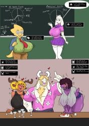 2girls1boy age_progression age_regression aged_down aged_up alphys asgore_dreemurr big_breasts boss_monster_(undertale) dad_bod deer_girl deltarune dinosaur_girl drunk faetomi furry goat_girl memory_alteration muscular_male noelle_holiday ryu34 schoolgirl_uniform susie_(deltarune) toriel transformation undertale undertale_(series)