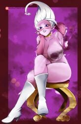 barely_visible_nipples big_breasts blush boots_only demon_girl dr._arinsu dragon_ball dragon_ball_daima flatpancakes hand_behind_head hand_on_face high_heel_boots large_breasts leaning_on_elbow legs_crossed lipstick nipples patreon_username pink_skin pointy_ears simple_background sitting thick_thighs voluptuous voluptuous_female white_hair