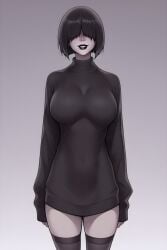 1girls ai_generated big_breasts black_hair black_lips female female_only front_view hair_over_eyes legwear long_sleeves medium_breasts original_character pale-skinned_female pale_skin short_hair simple_background smile solo solo_female standing sweater