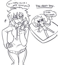 bed bra chibi cigarette clothed crying ecchi evelyn_festus fluffy_hair funny glasses hoodie jeans meme messy_hair older_female original_character panties pose rick_and_morty sketch skinny thin tight_clothing tired_eyes