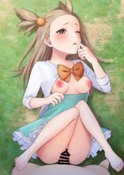 barefoot bow_tie breasts breasts_out brown_eyes brown_hair censored_penis censored_pussy closed_eye clothed_sex dress female grass hair_ornament jasmine_(pokemon) laying_on_ground long_hair long_sleeves looking_at_viewer male_pokemon/female_human no_bra no_panties outdoor_sex outdoors partially_clothed partially_clothed_female pokemon pokemon_gsc pokephilia shoichi_(artist) typhlosion vaginal_penetration