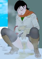 black_hair blush boots clothing coat cold female high_heels munio_world outside panties peeing peeing_self skirt skirt_lift snow solo squatting steam stockings tagme thighs upskirt wet_panties white_panties