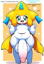 absurd_res ai_generated anthro balls belly big_balls big_penis blue_body blush bodily_fluids foreskin front_view generation_3_pokemon genital_fluids genitals gesture hellsonger hi_res huge_balls huge_cock humanoid_genitalia humanoid_penis jirachi legendary_pokemon looking_at_viewer male male_only navel nintendo nude open_mouth overweight overweight_anthro penis pokemon pokemon_(species) pokemorph precum short_stack simple_background slightly_chubby smile solo standing teapot_(body_type) text thick_thighs tongue v_sign vein white_body wide_hips