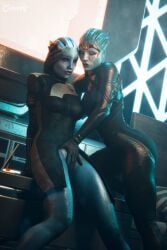 2girls 3d alien asari bioware ceeeeekc clothed female female_only hand_on_pussy liara_t'soni looking_at_viewer mass_effect pussy pussy_peek rubbing_pussy samara tight_clothing yuri