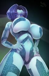 alternate_breast_size belly_button besthetz cortana halo_(series) hands_on_hips hologram looking_at_viewer looking_down visible_nipples