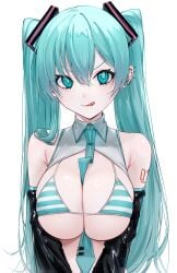 1girls big_breasts bikini blue_eyes blue_hair breast_focus breasts cute ear_piercing hatsune_miku hatsune_miku_(collared_bikini) licking_lips looking_at_viewer ompf piercings smug smug_face striped_bikini tie tongue_piercing twintails vocaloid