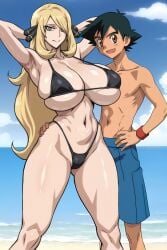 1boy beach big_breasts bikini black_hair blonde_hair blue_eyes blue_sky brown_hair cynthia_(pokemon) female nintendo ocean pokemon pokemon_(anime) satoshi_(pokemon) yxyyxy