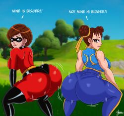 2girls ass ass_bigger_than_head ass_focus big_ass big_breasts big_butt bodysuit bouncing_ass breasts brown_eyes brown_hair bubble_ass bubble_butt chun-li chun-li_(fortnite) crossover dialogue double_bun eastern_and_western_character elastigirl female fortnite helen_parr helen_parr_(fortnite) huge_ass juuzouthegoat large_ass movement_lines red_bodysuit street_fighter the_incredibles twerk twerking