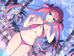 airi_(queen&#039;s_blade) ass_visible_through_thighs bare_arms bare_belly bare_legs bare_shoulders bare_thighs belly_button big_breasts bikini blue_eyes body_blush bracelet breasts cleavage collarbone criss-cross_halter crossover frilled_bikini frills in_water long_hair maid_headdress marvelous nail_polish official_art open_mouth pink_bikini pink_hair pink_nails pool queen&#039;s_blade senran_kagura_new_link shiny_skin side-tie_bikini_bottom sideboob sling_bikini_top standing thighs twintails underboob water wet_body wet_hair wristband yaegashi_nan