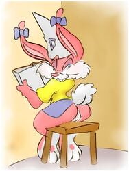 anthro ass babs_bunny book clothing colored_sketch corner dunce_cap female fur furry hat karri_aronen lagomorph looking_back mammal pink_fur pussy rabbit raised_tail school simple_background sketch skirt solo stool tiny_toon_adventures toony warner_brothers