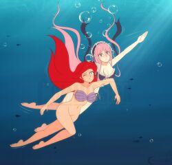 2girls air_bubbles alternate_species ariel asphyxiation barefoot big_breasts bikini bikini_top bikini_top_only black_bikini black_swimsuit bottomless breasts bubbles cleavage crossover darkseether distracting_watermark drowning feet female female_only freediving holding_breath human meroune_lorelei monster_musume_no_iru_nichijou ocean puffed_cheeks reference rescue sea shell_bikini side-tie_bikini swimming swimsuit the_little_mermaid trait_connection underwater water watermark