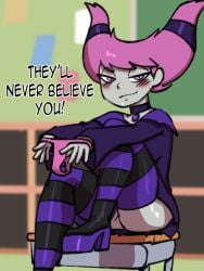 1girls blush cartoon_network darkeros13 dc_comics grey_skin jinx_(dc) no_pants panties panties_removed pink_eyes pink_hair teen_titans thick_thighs thighs