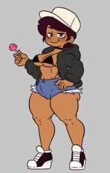 breasts brown_eyes brown_hair dark-skinned_female jacket jean_shorts latina lewdydoodls lollipop looking_at_viewer luz_noceda no_shirt short_hair slutty_outfit solo sucker tagme the_owl_house thick_thighs