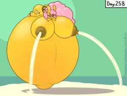 anthro ass banana_slug bananaramasama belly belly_bed big_belly big_breasts big_butt bodily_fluids breasts cumflation female floating gastropod hi_res huge_belly huge_breasts huge_butt hyper hyper_belly hyper_breasts hyper_pregnancy kela_ariolima lactating milk milk_on_ground milk_stream mollusk nude pregnant short_stack slug