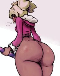 ass ass ass_bigger_than_head ass_focus big_ass big_butt black_eyebrows black_eyes blonde_female blonde_hair blonde_hair blonde_hair_female blush blush blush_lines blushed blushing_at_viewer blushing_female brawl_stars butt_crack crown dark-skinned_female dark_body dark_skin high_resolution highres holding_object hoodie huge_ass huge_butt huge_thighs mandy_(brawl_stars) mayodeoz pink_hoodie plump_ass slim_waist