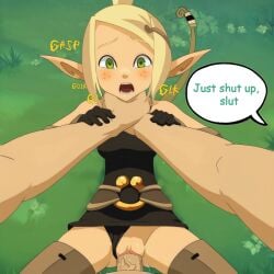 ai_generated asphyxiation blonde_hair boots brown_boots brown_gloves cra crying crying_female crying_with_eyes_open dress elf evangelyne frackles glk grabbing green_eyes partially_clothed rape sobbing thick_hips thighs viewer_perspective wakfu